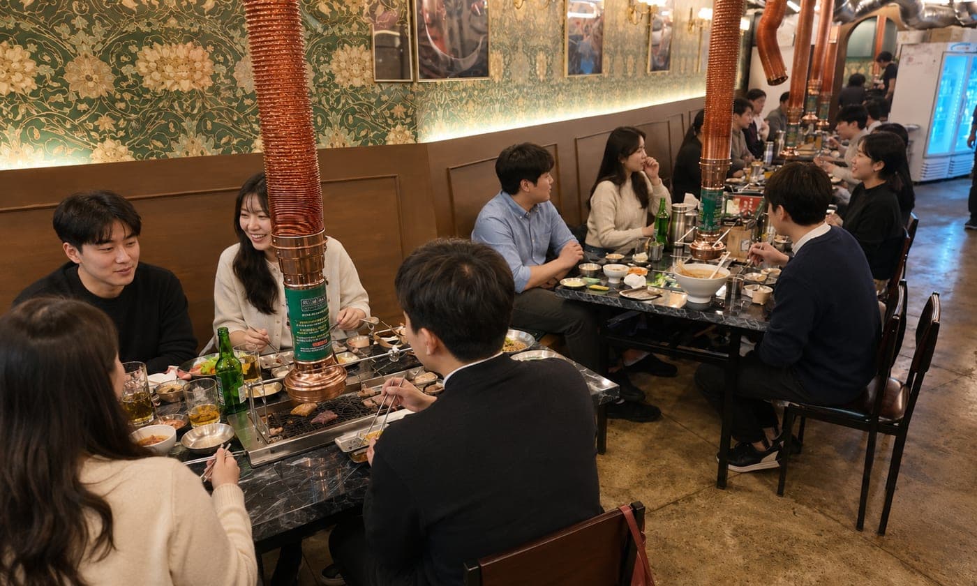 회식 데이트 모임 — 양복점 매장 식사 장면